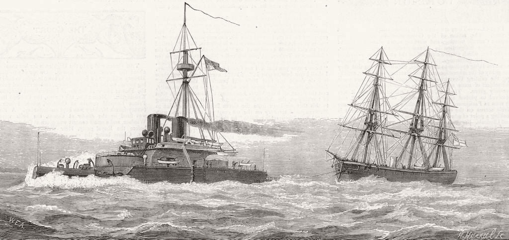 MALTA. HMS Devastation towing Thetis into Harbour 1877 old antique print